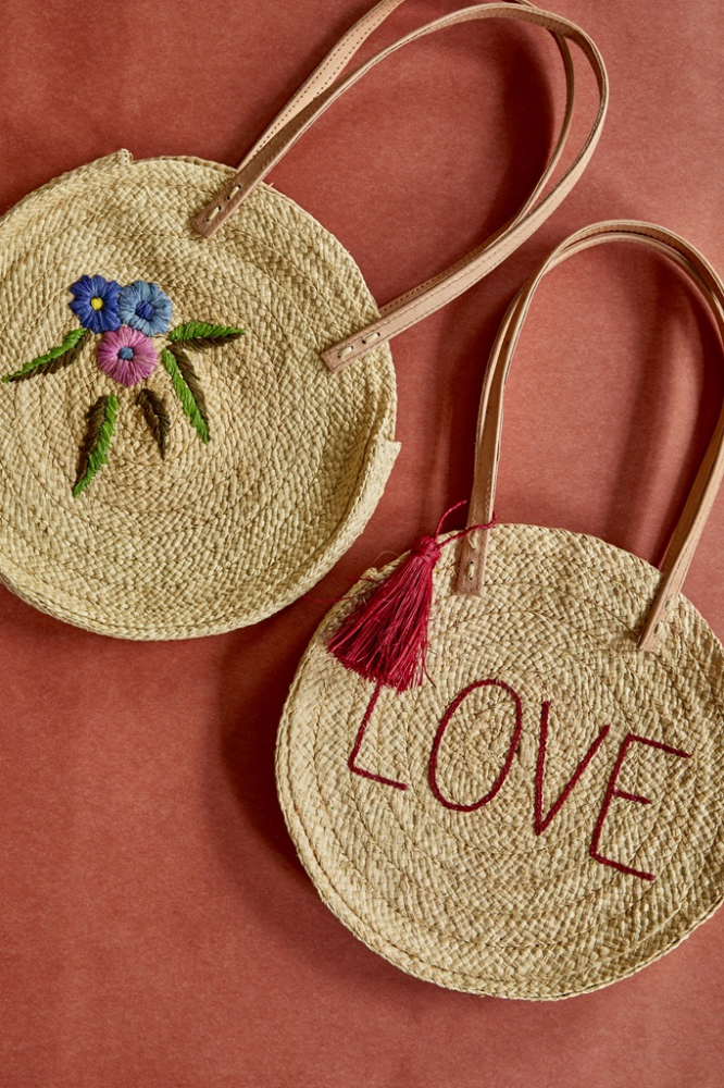 Round Raffia Shoulder Bag LOVE Embroidery Rice DK